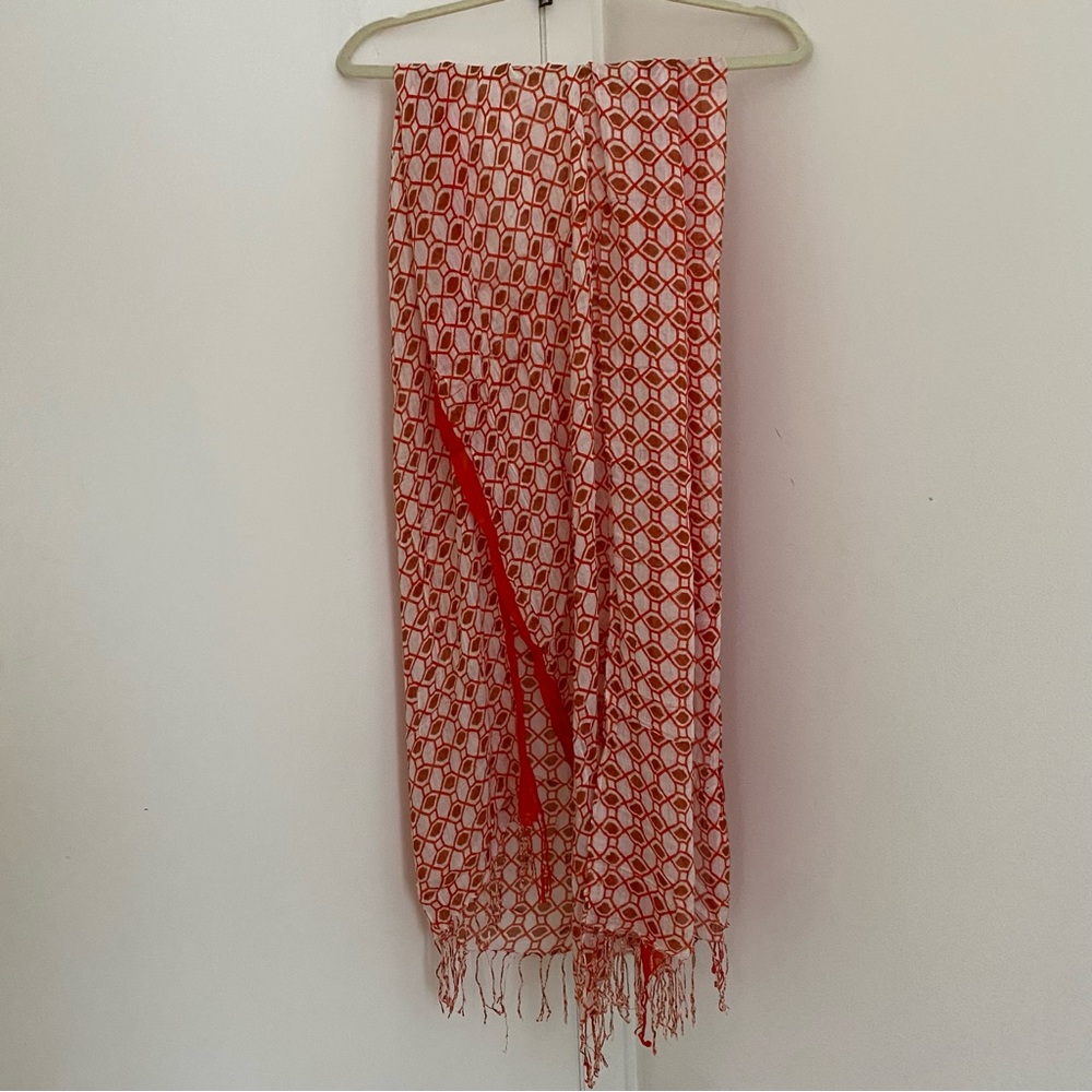 Lightweight Orange White Brown Geometric Fringe Rectangular Scarf Boho Earthy